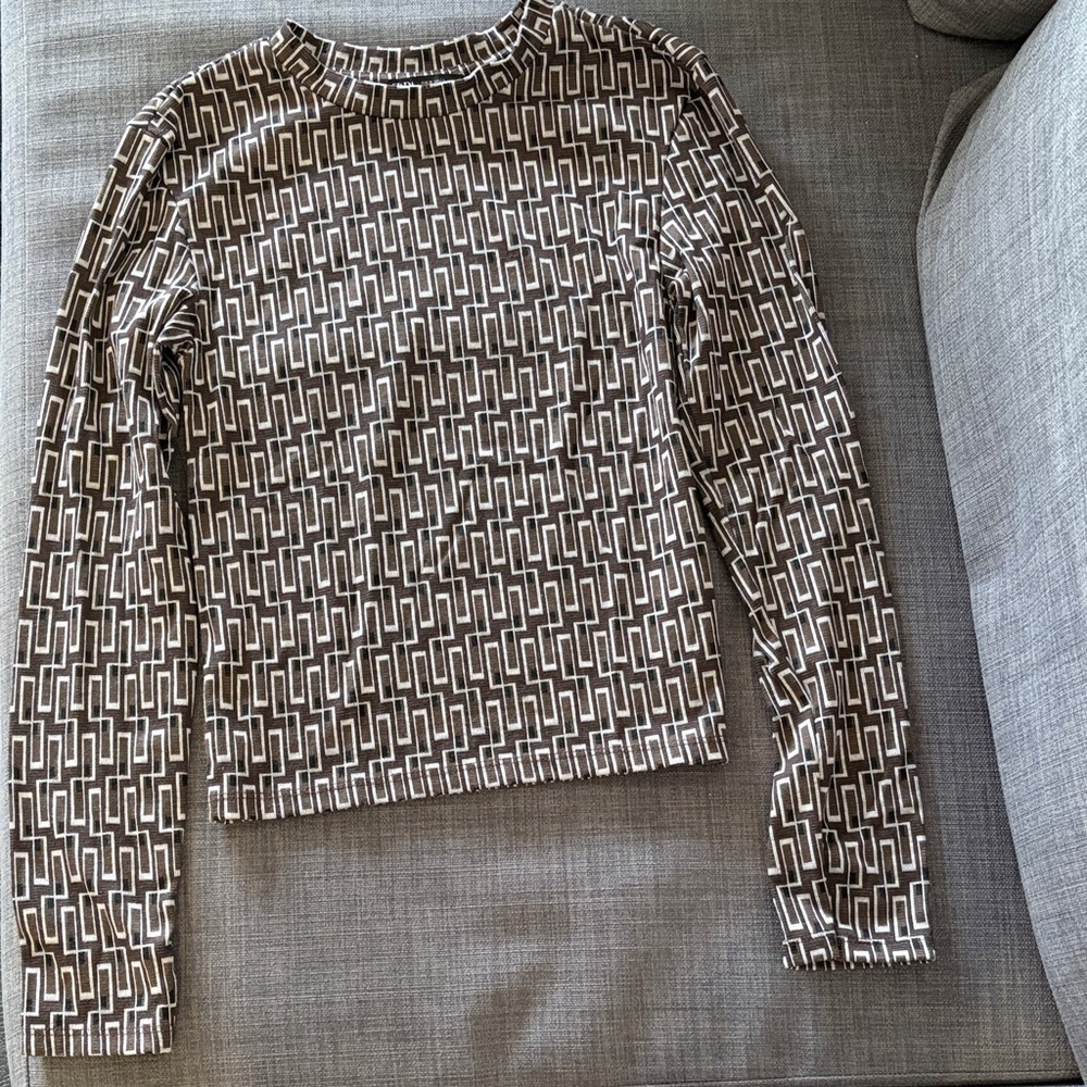 Zara Brown and White Geometric Long Sleeve Top